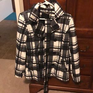 White and black plaid coat, smoke free home
